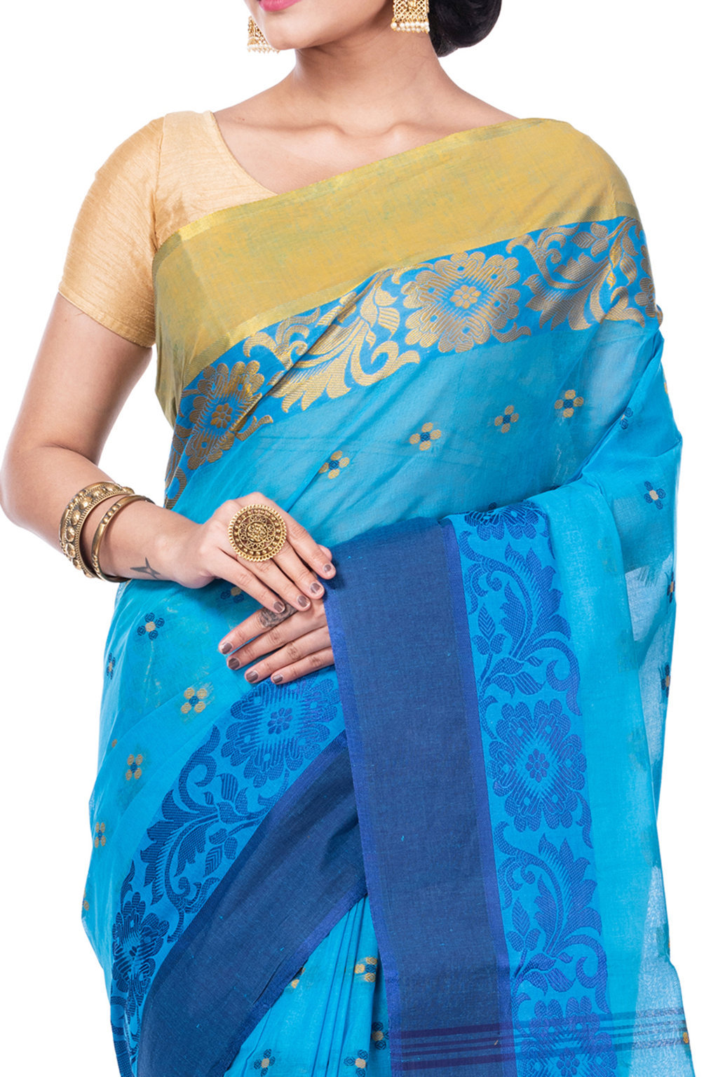 Blue Pure Cotton Ganga Jamuna_Latapar Tant Saree (652)